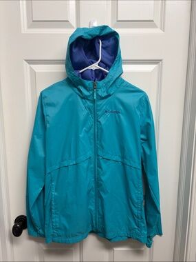 Columbia Teal Hooded Kids Rain Jacket with Purple Lining